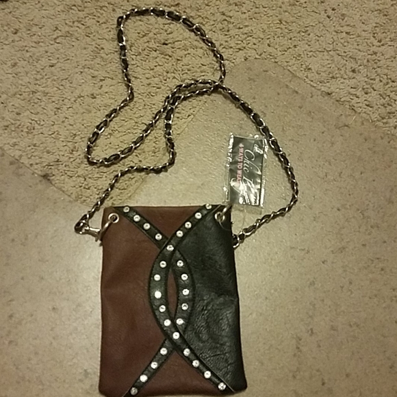 NWT Brown & Black Rhinestone Chain Strap Crossbody Adjustable Handbag - Picture 1 of 2